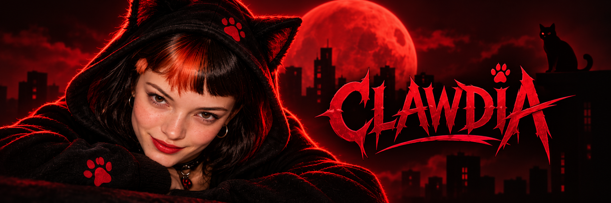 Original Clawdia banner with a red moon over a dark city