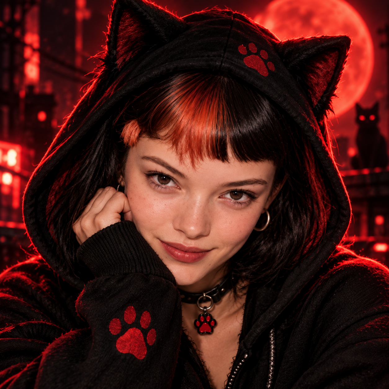 Clawdia in her black cat-ear hoodie with red paw details