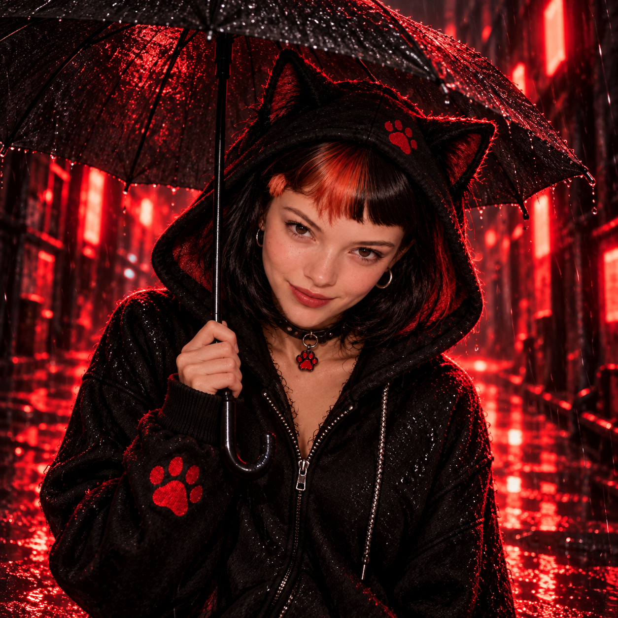 Clawdia beneath an umbrella in a rainy neon alley