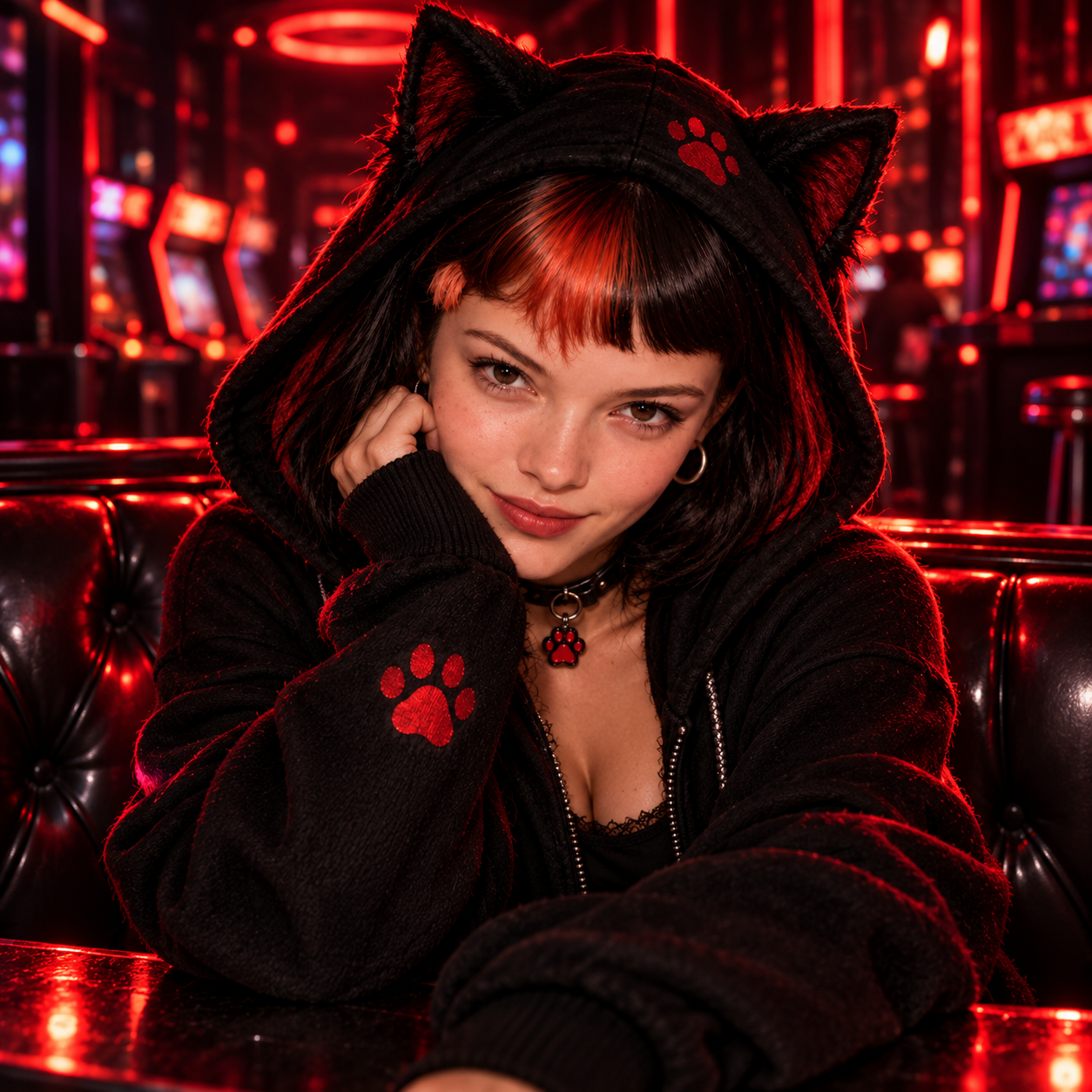 Clawdia relaxing in a red-lit late-night arcade