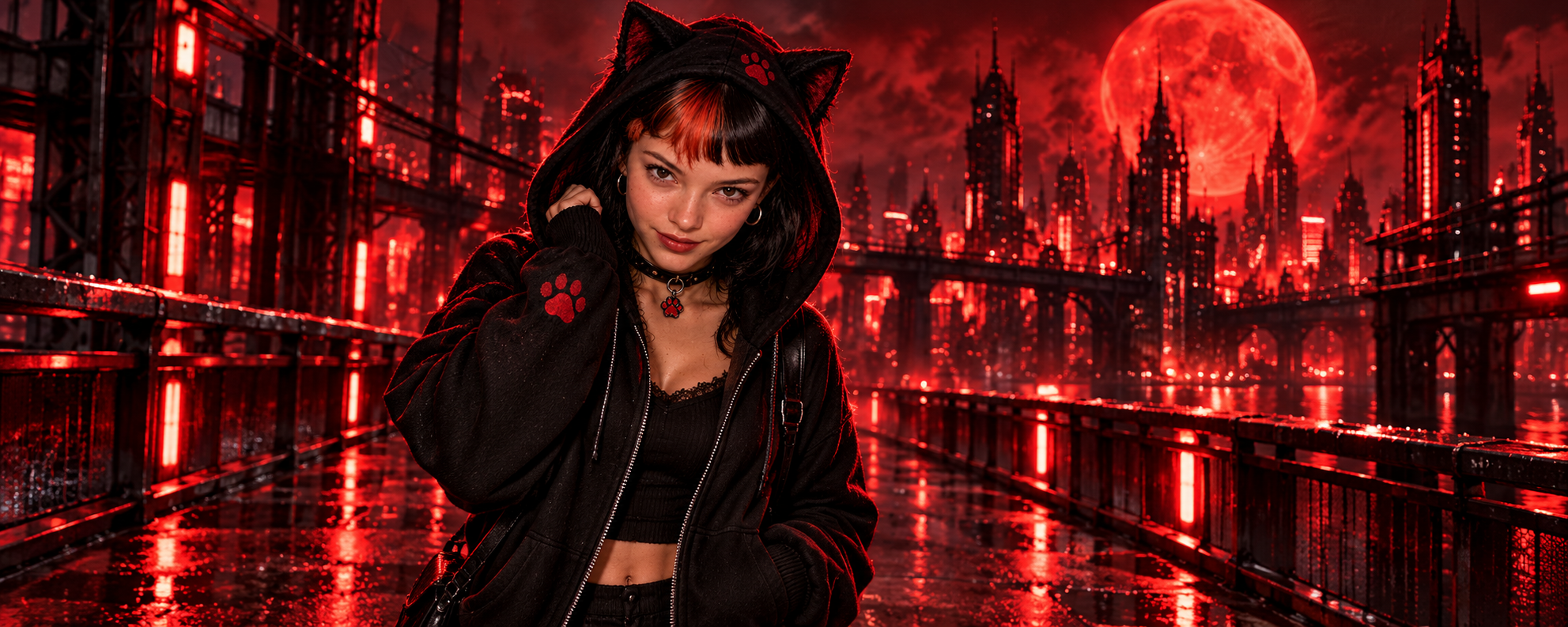 Clawdia crossing a city bridge beneath crimson lights