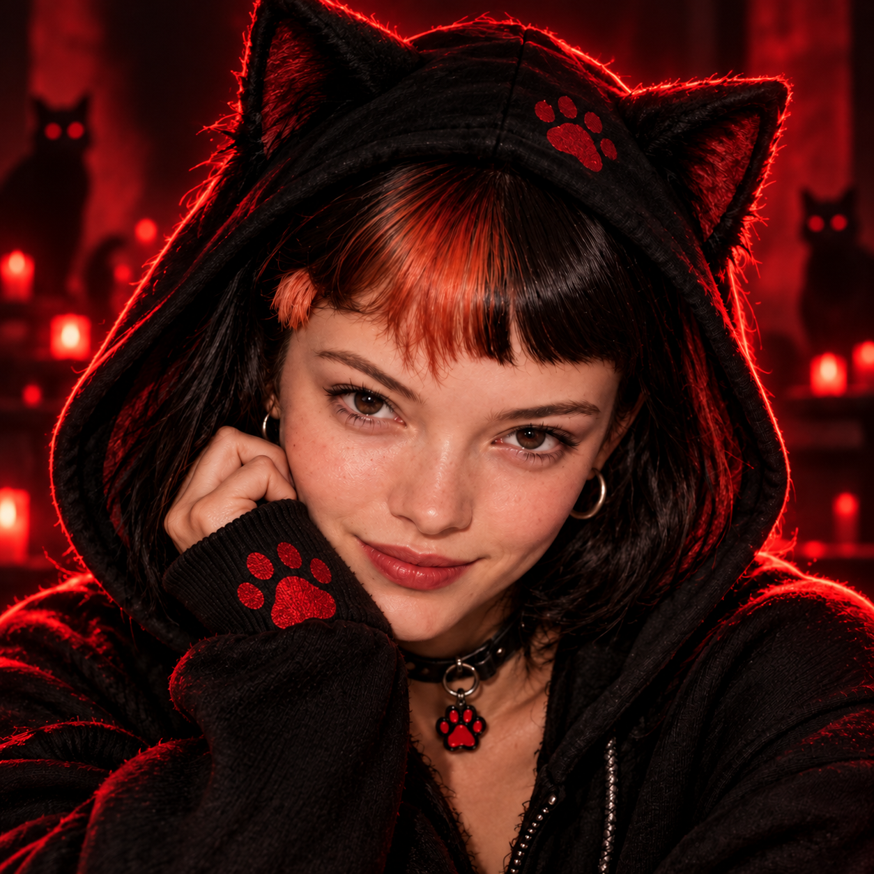 A close portrait of Clawdia in the red glow of the city