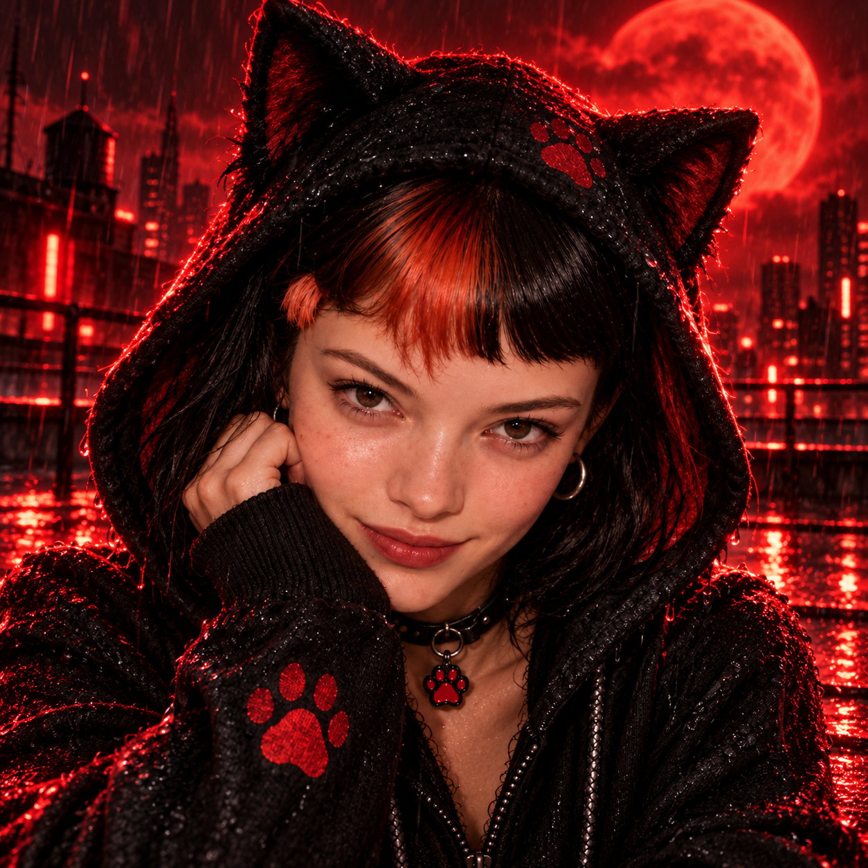 Clawdia on a rooftop beneath a red moon